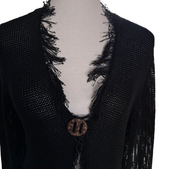 Chico's Size 2/ US L Womens Cardigan Open Weave One Button Fringe Bohemian Linen - Picture 3 of 11